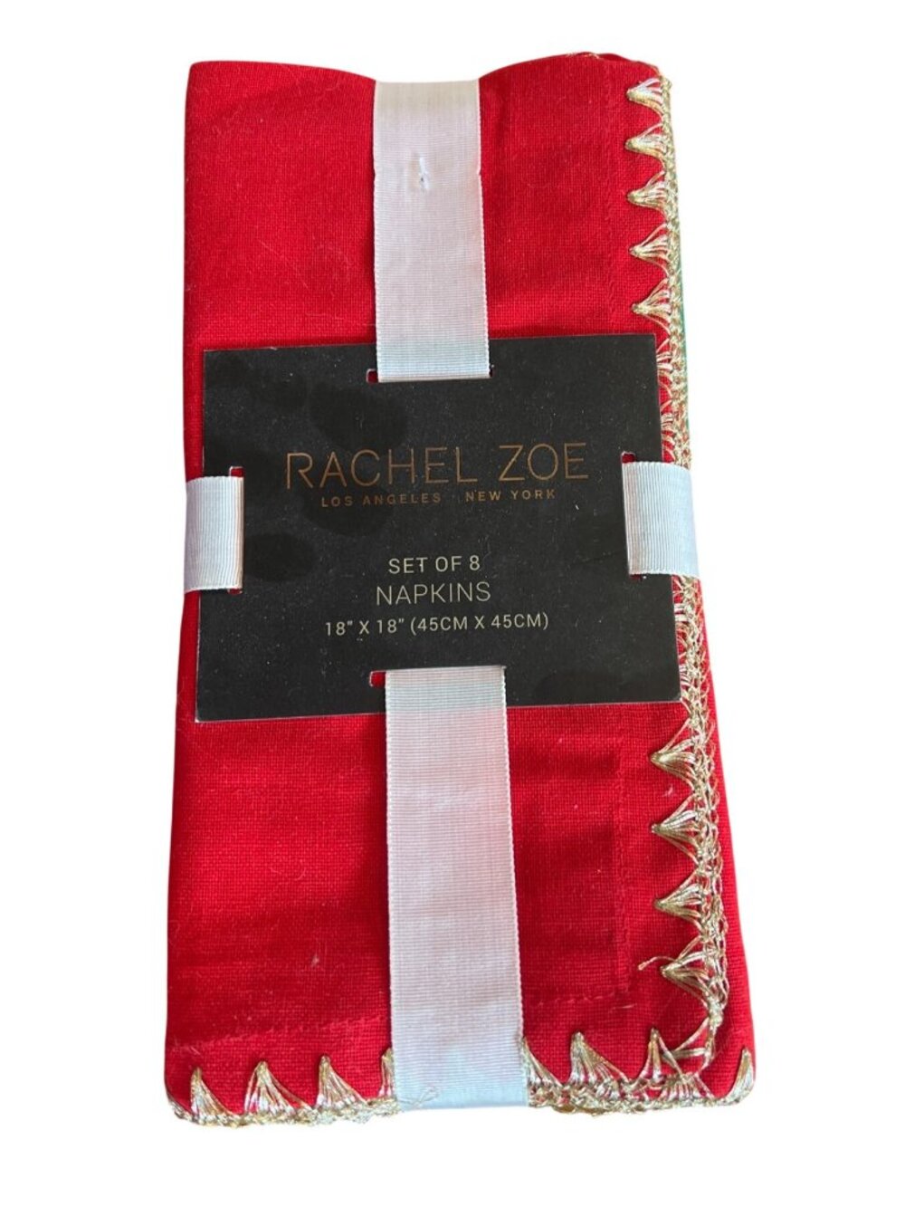 Rachel Zoe Set of 8 napkins red green gold trim NWT